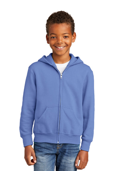 Port & Company PC90YZH Youth Core Pill Resistant Fleece Full Zip Hooded Sweatshirt Hoodie w/ Pockets Carolina Blue Model Front