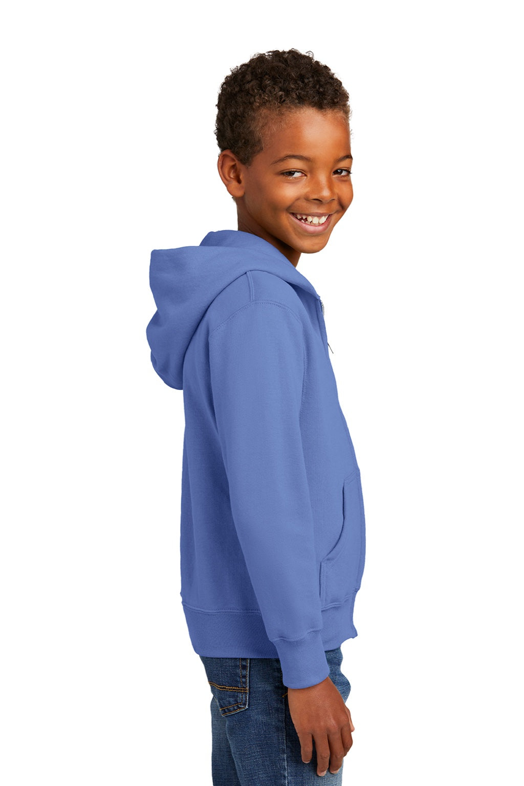 Port & Company PC90YZH Youth Core Pill Resistant Fleece Full Zip Hooded Sweatshirt Hoodie w/ Pockets Carolina Blue Model Side