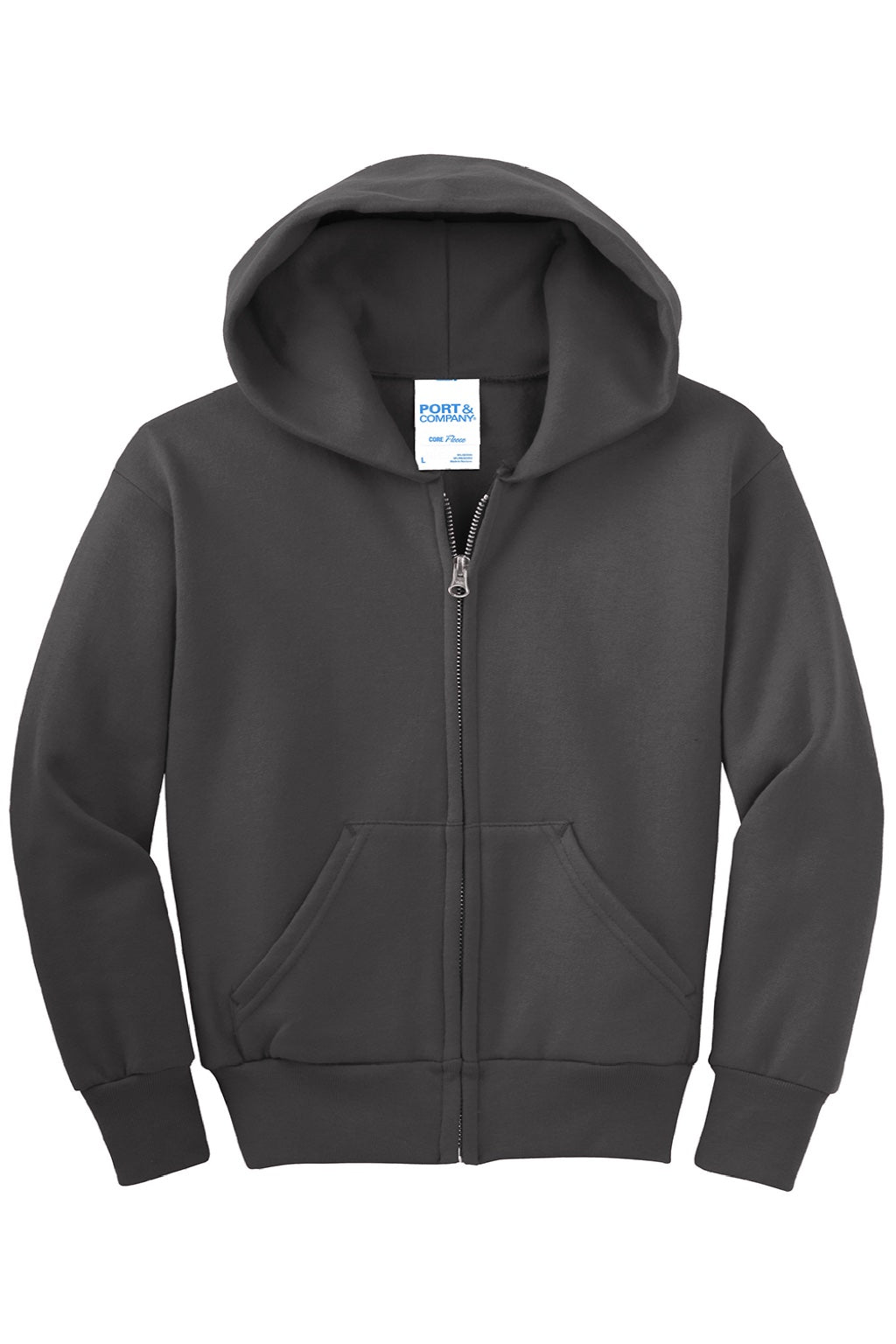 Port & Company PC90YZH Youth Core Pill Resistant Fleece Full Zip Hooded Sweatshirt Hoodie w/ Pockets Charcoal Grey Flat Front