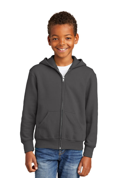Port & Company PC90YZH Youth Core Pill Resistant Fleece Full Zip Hooded Sweatshirt Hoodie w/ Pockets Charcoal Grey Model Front