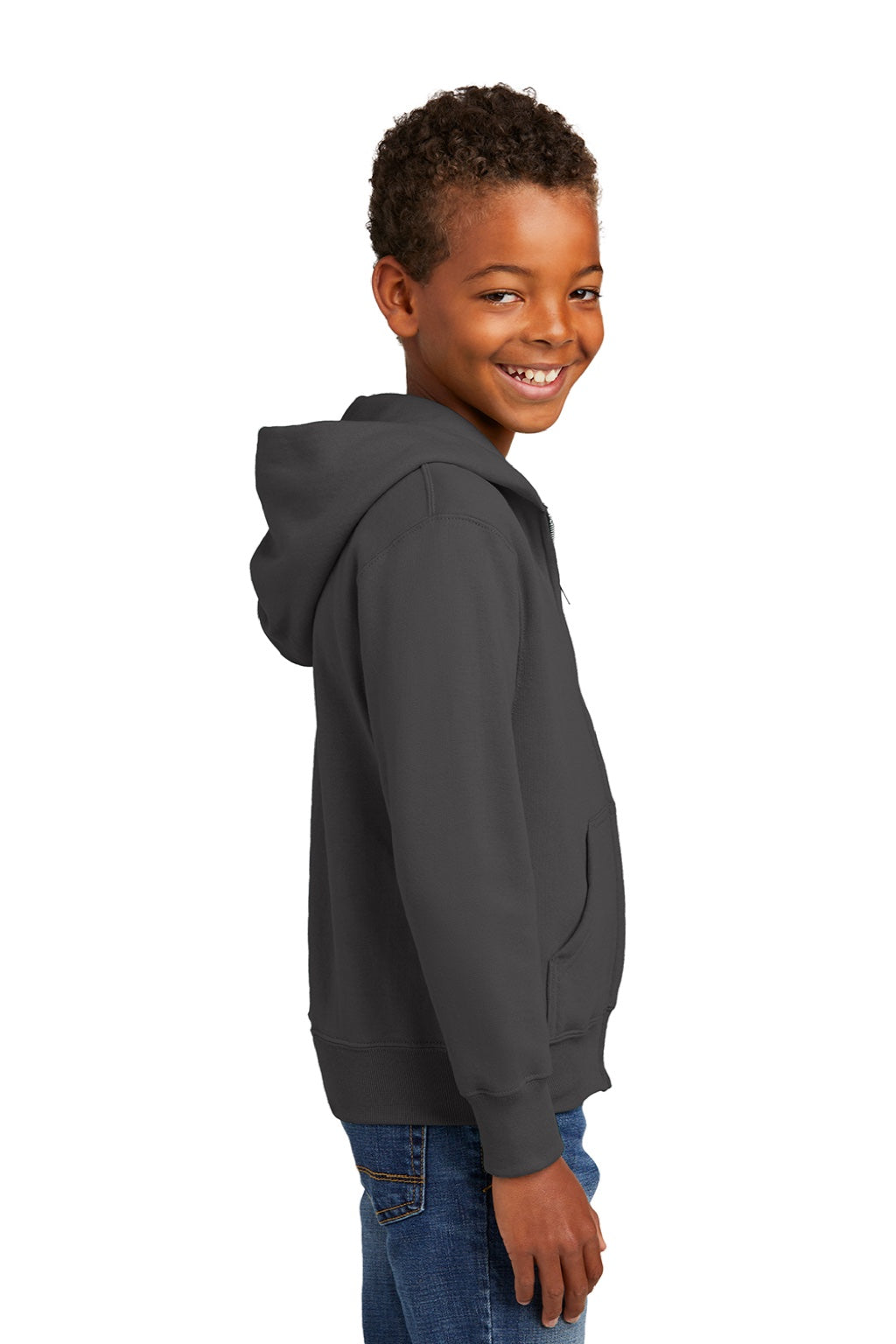 Port & Company PC90YZH Youth Core Pill Resistant Fleece Full Zip Hooded Sweatshirt Hoodie w/ Pockets Charcoal Grey Model Side