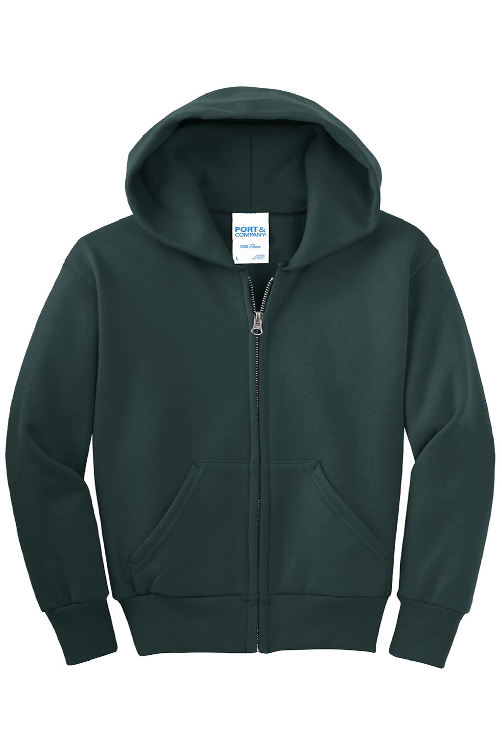 Port & Company PC90YZH Youth Core Pill Resistant Fleece Full Zip Hooded Sweatshirt Hoodie w/ Pockets Dark Green Flat Front
