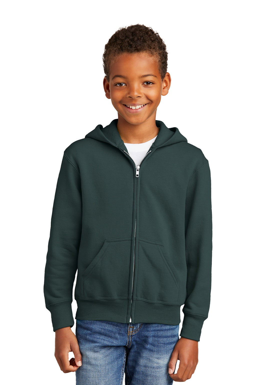 Port & Company PC90YZH Youth Core Pill Resistant Fleece Full Zip Hooded Sweatshirt Hoodie w/ Pockets Dark Green Model Front