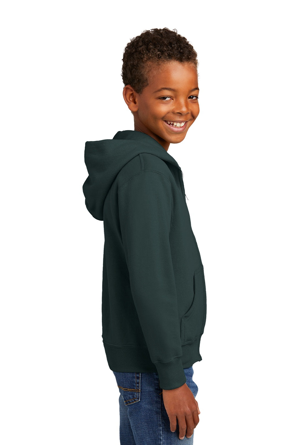 Port & Company PC90YZH Youth Core Pill Resistant Fleece Full Zip Hooded Sweatshirt Hoodie w/ Pockets Dark Green Model Side