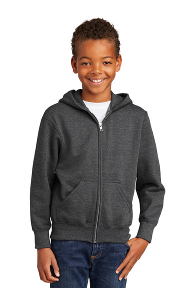 Port & Company PC90YZH Youth Core Pill Resistant Fleece Full Zip Hooded Sweatshirt Hoodie w/ Pockets Heather Dark Grey Model Front