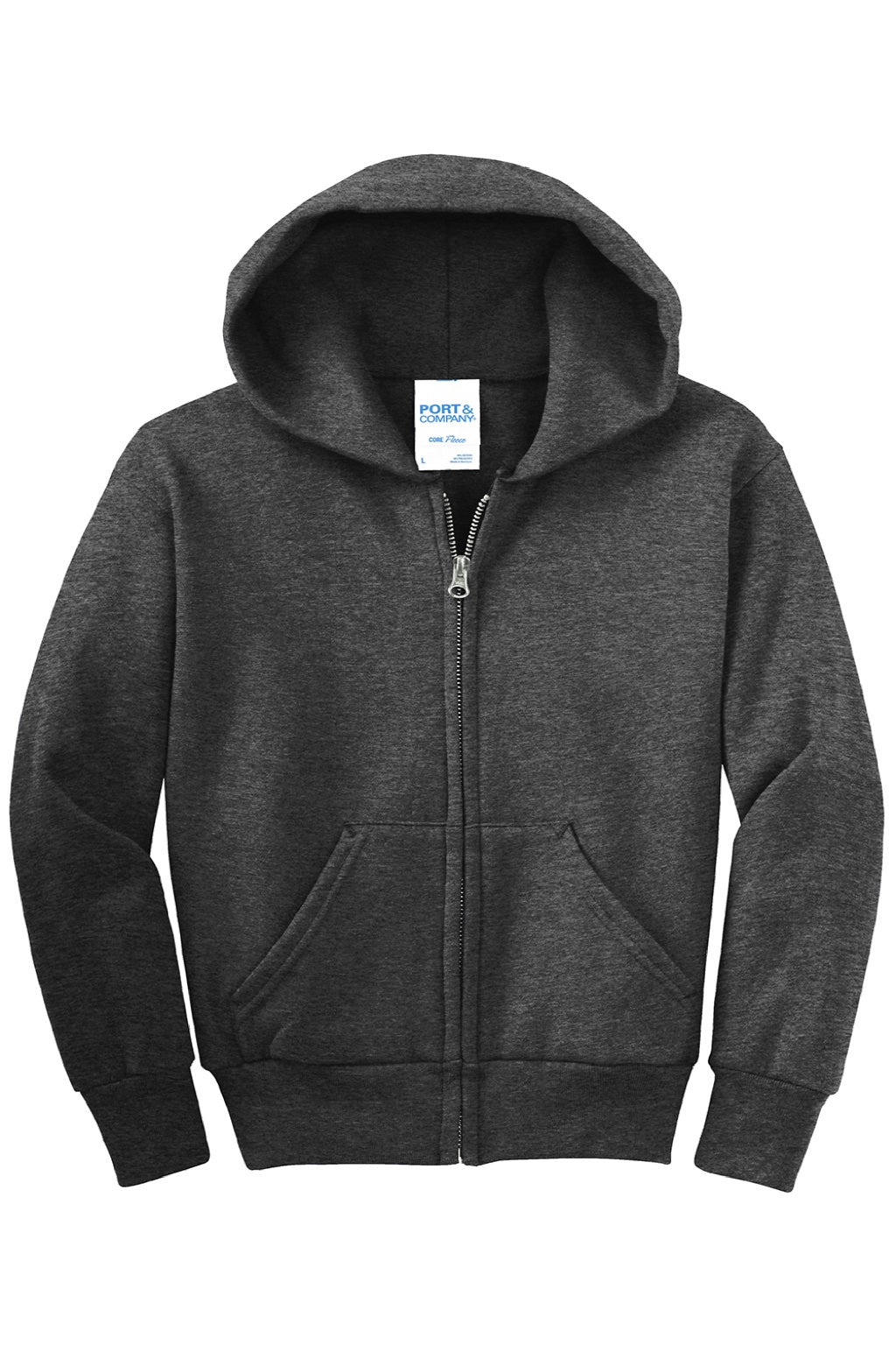 Port & Company PC90YZH Youth Core Pill Resistant Fleece Full Zip Hooded Sweatshirt Hoodie w/ Pockets Heather Dark Grey Flat Front