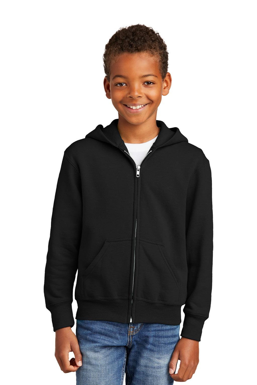 Port & Company PC90YZH Youth Core Pill Resistant Fleece Full Zip Hooded Sweatshirt Hoodie w/ Pockets Jet Black Model Front