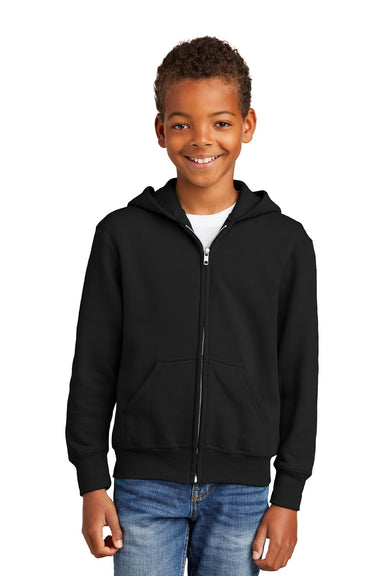 Port & Company PC90YZH Youth Core Pill Resistant Fleece Full Zip Hooded Sweatshirt Hoodie w/ Pockets Jet Black Model Front