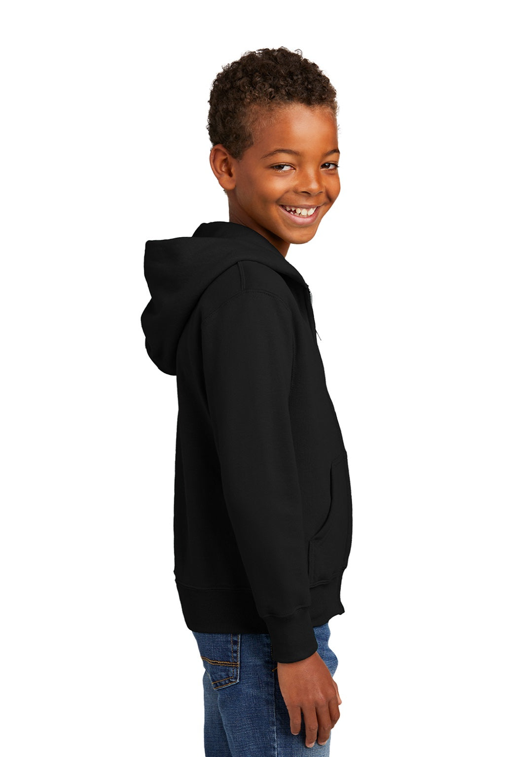Port & Company PC90YZH Youth Core Pill Resistant Fleece Full Zip Hooded Sweatshirt Hoodie w/ Pockets Jet Black Model Side