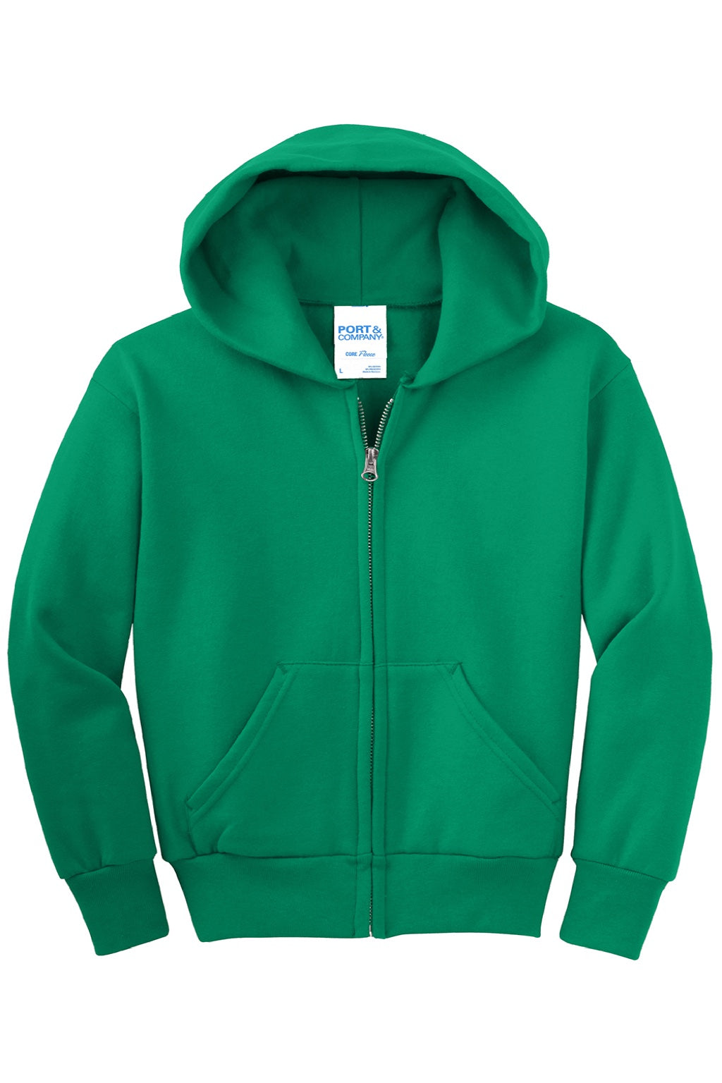 Port & Company PC90YZH Youth Core Pill Resistant Fleece Full Zip Hooded Sweatshirt Hoodie w/ Pockets Kelly Green Flat Front