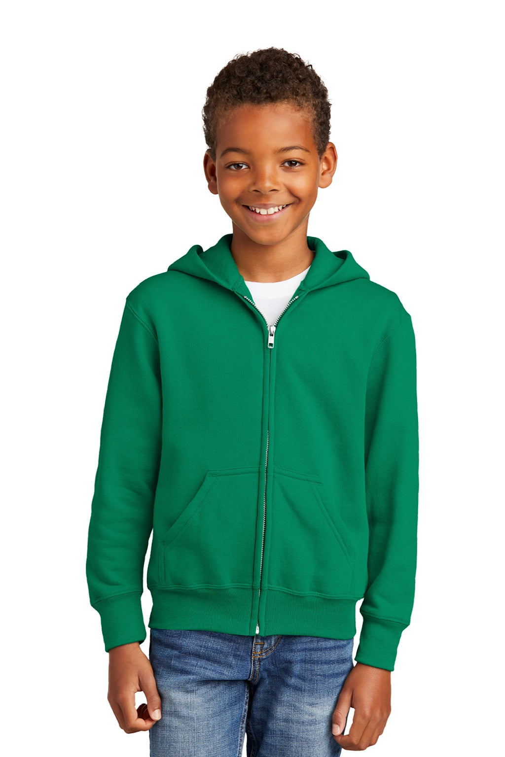 Port & Company PC90YZH Youth Core Pill Resistant Fleece Full Zip Hooded Sweatshirt Hoodie w/ Pockets Kelly Green Model Front