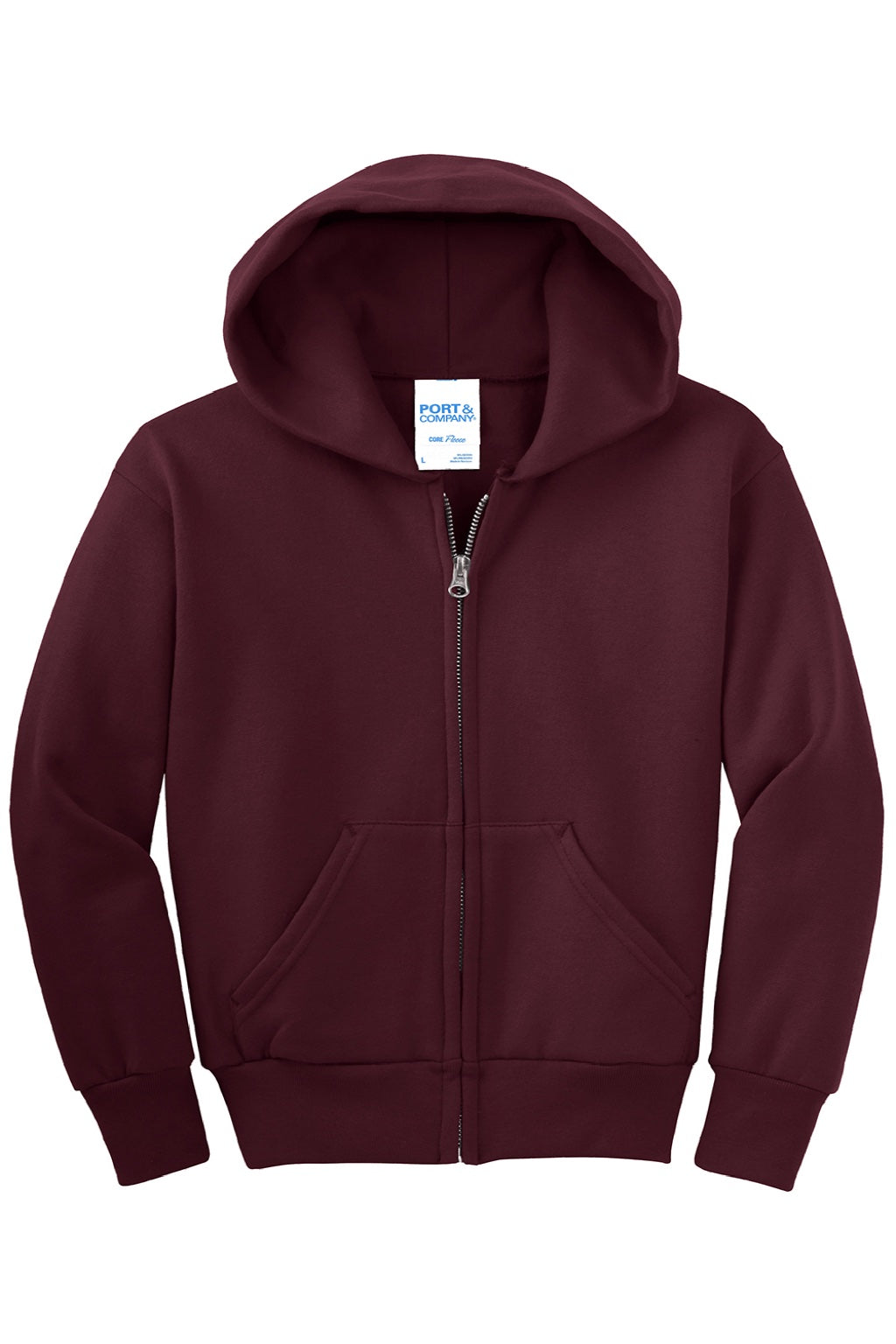 Port & Company PC90YZH Youth Core Pill Resistant Fleece Full Zip Hooded Sweatshirt Hoodie w/ Pockets Maroon Flat Front