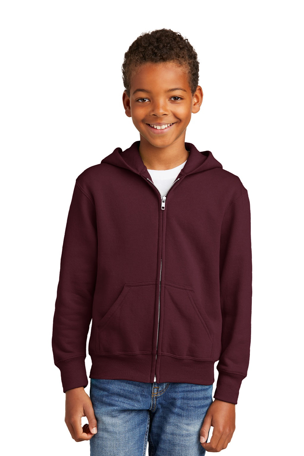 Port & Company PC90YZH Youth Core Pill Resistant Fleece Full Zip Hooded Sweatshirt Hoodie w/ Pockets Maroon Model Front
