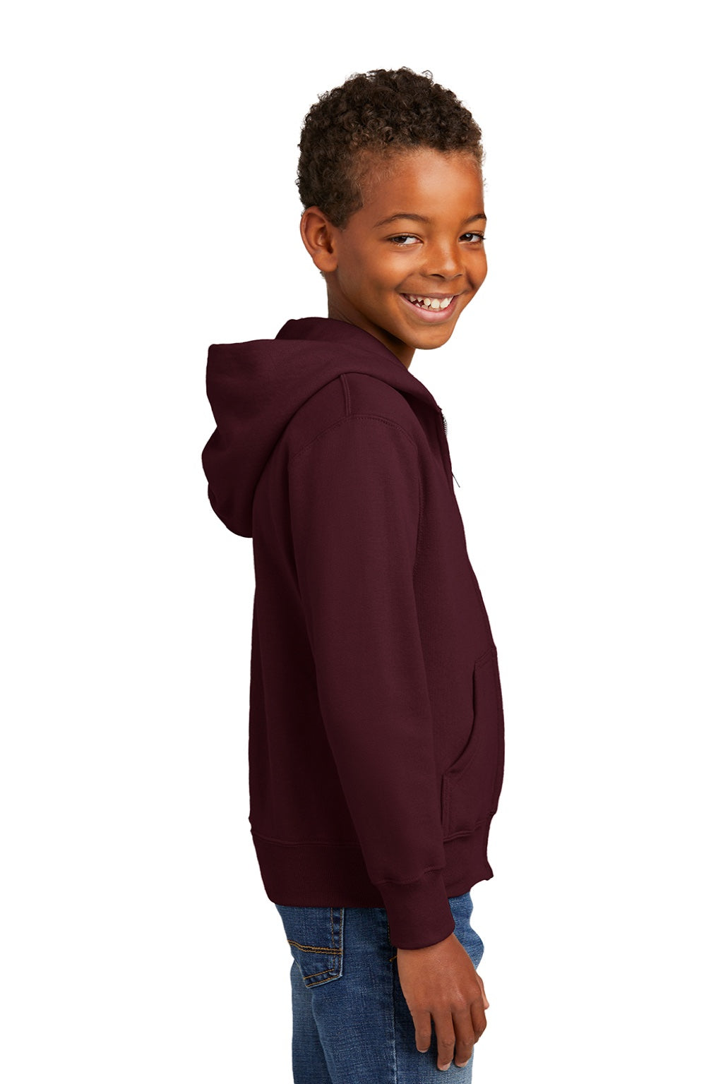 Port & Company PC90YZH Youth Core Pill Resistant Fleece Full Zip Hooded Sweatshirt Hoodie w/ Pockets Maroon Model Side