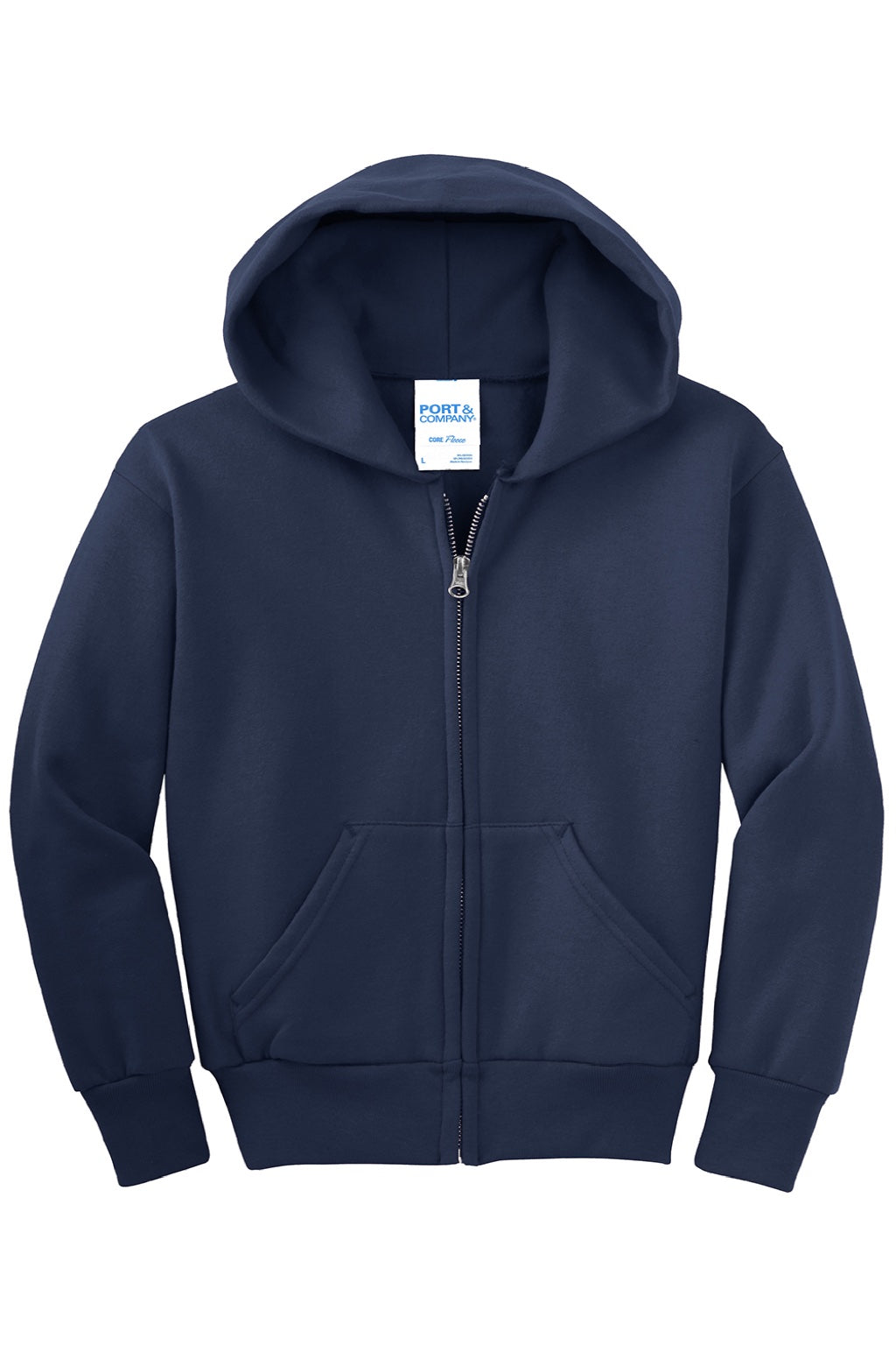 Port & Company PC90YZH Youth Core Pill Resistant Fleece Full Zip Hooded Sweatshirt Hoodie w/ Pockets Navy Blue Flat Front