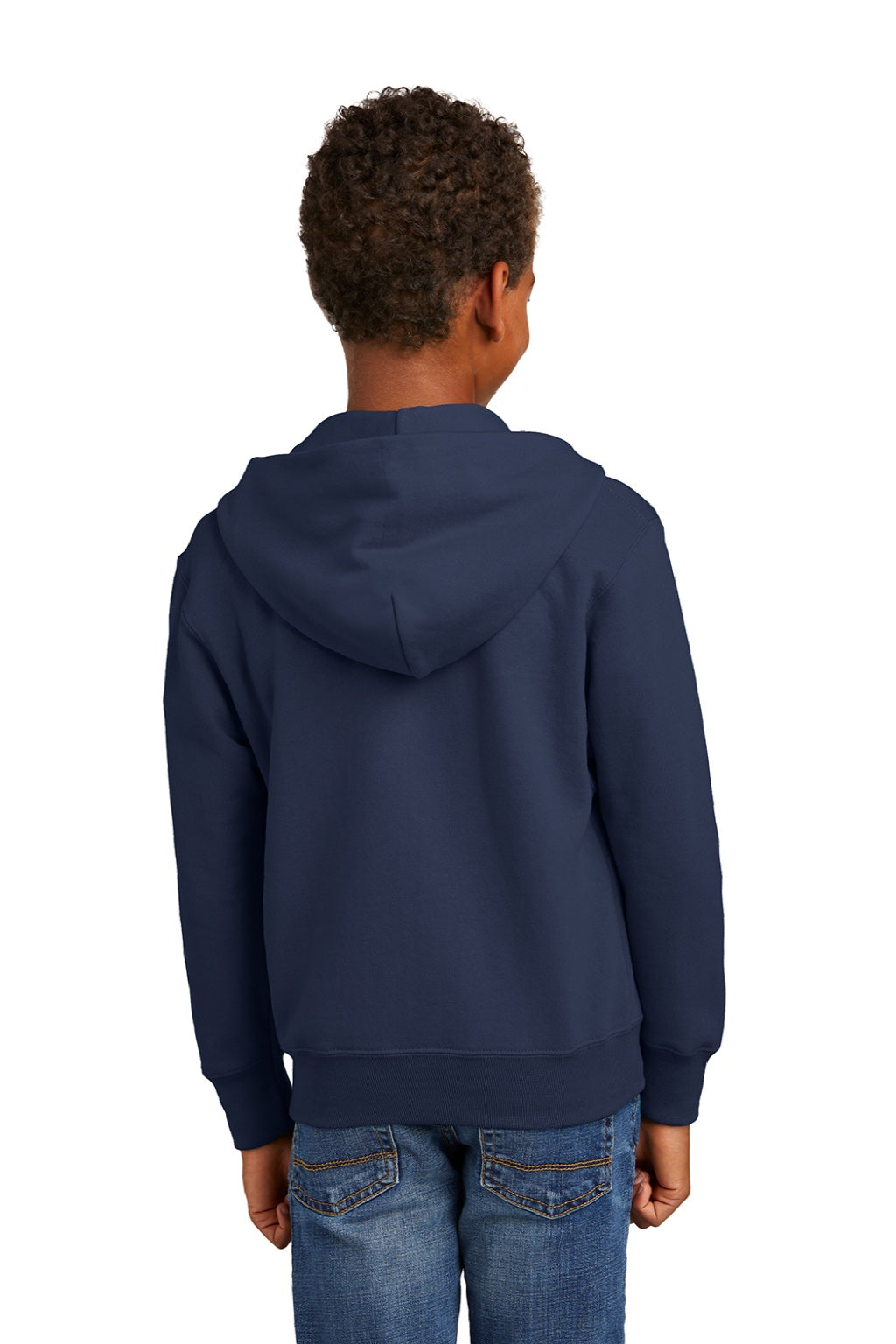 Port & Company PC90YZH Youth Core Pill Resistant Fleece Full Zip Hooded Sweatshirt Hoodie w/ Pockets Navy Blue Model Back