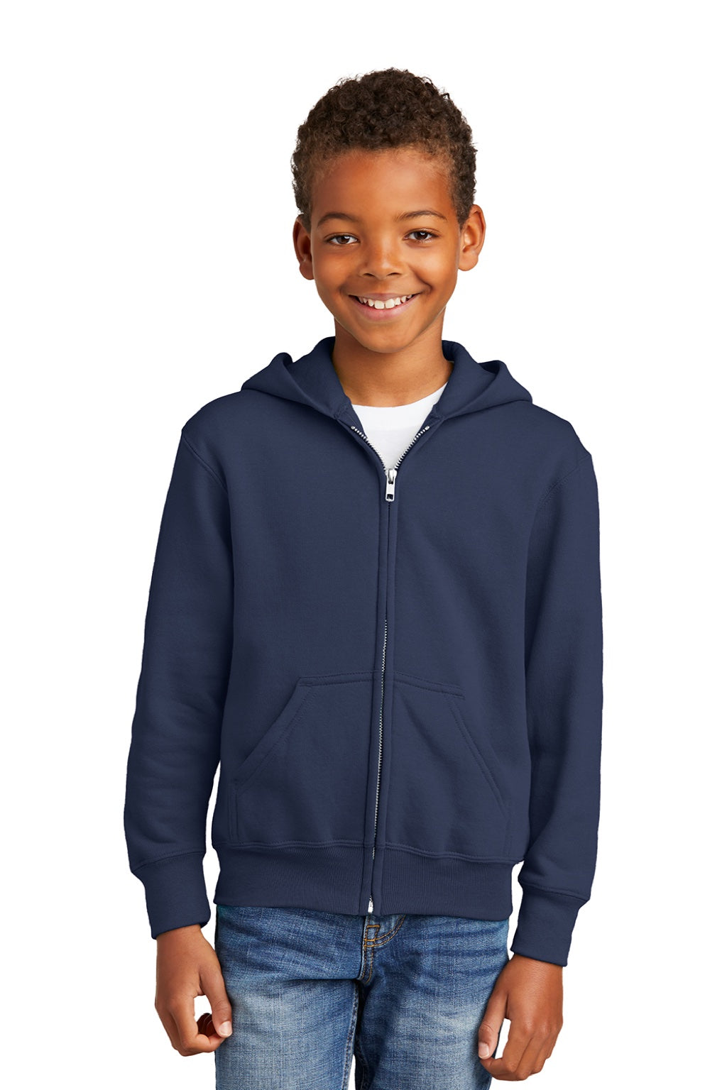 Port & Company PC90YZH Youth Core Pill Resistant Fleece Full Zip Hooded Sweatshirt Hoodie w/ Pockets Navy Blue Model Front