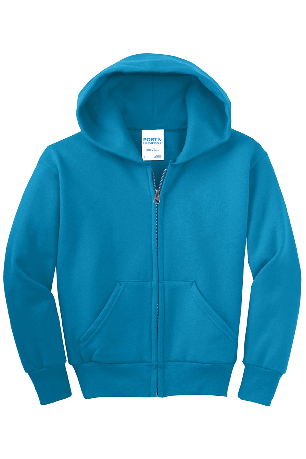 Port & Company PC90YZH Youth Core Pill Resistant Fleece Full Zip Hooded Sweatshirt Hoodie w/ Pockets Neon Blue Flat Front