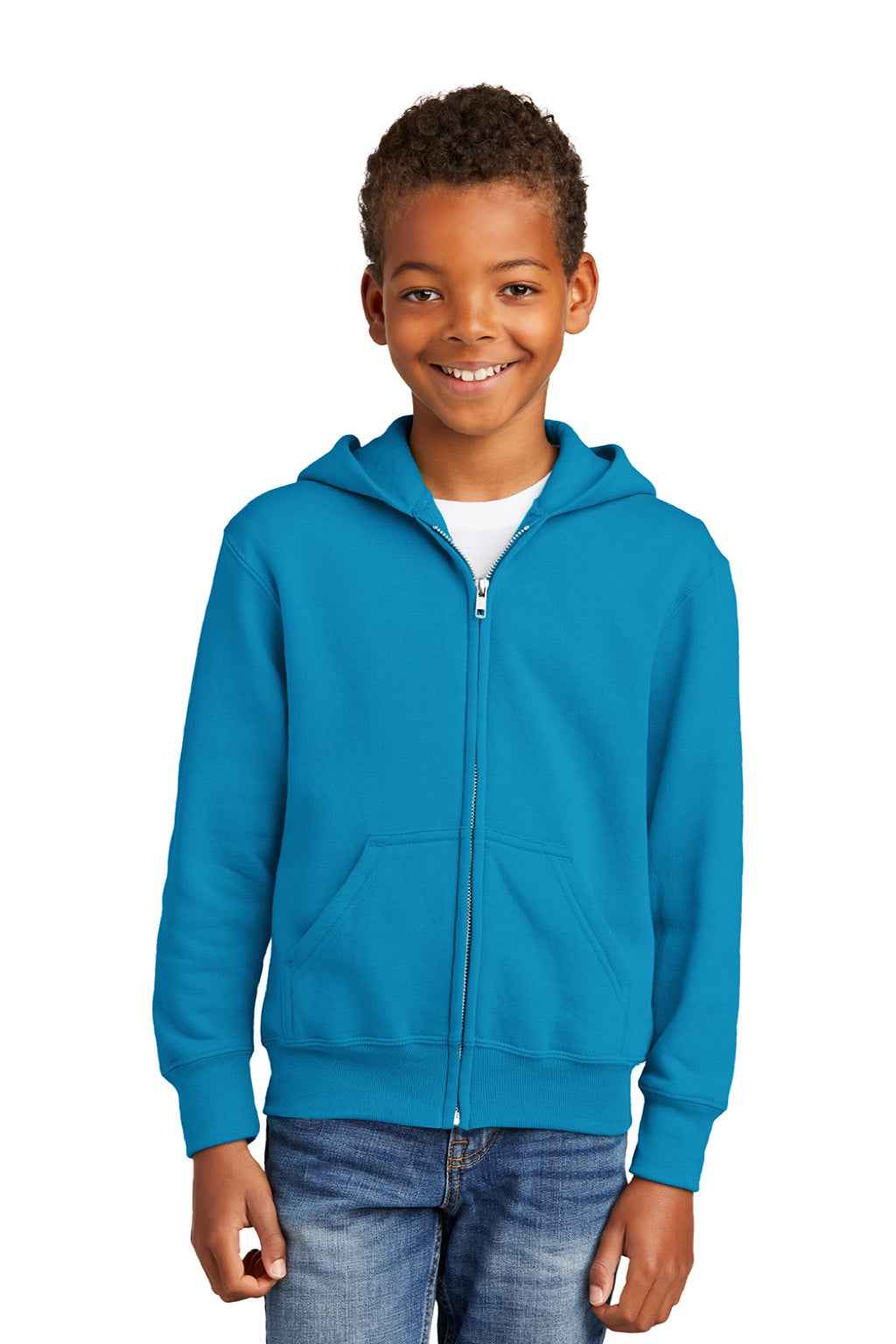 Port & Company PC90YZH Youth Core Pill Resistant Fleece Full Zip Hooded Sweatshirt Hoodie w/ Pockets Neon Blue Model Front