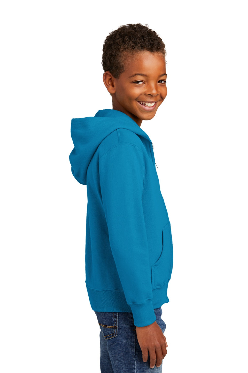 Port & Company PC90YZH Youth Core Pill Resistant Fleece Full Zip Hooded Sweatshirt Hoodie w/ Pockets Neon Blue Model Side