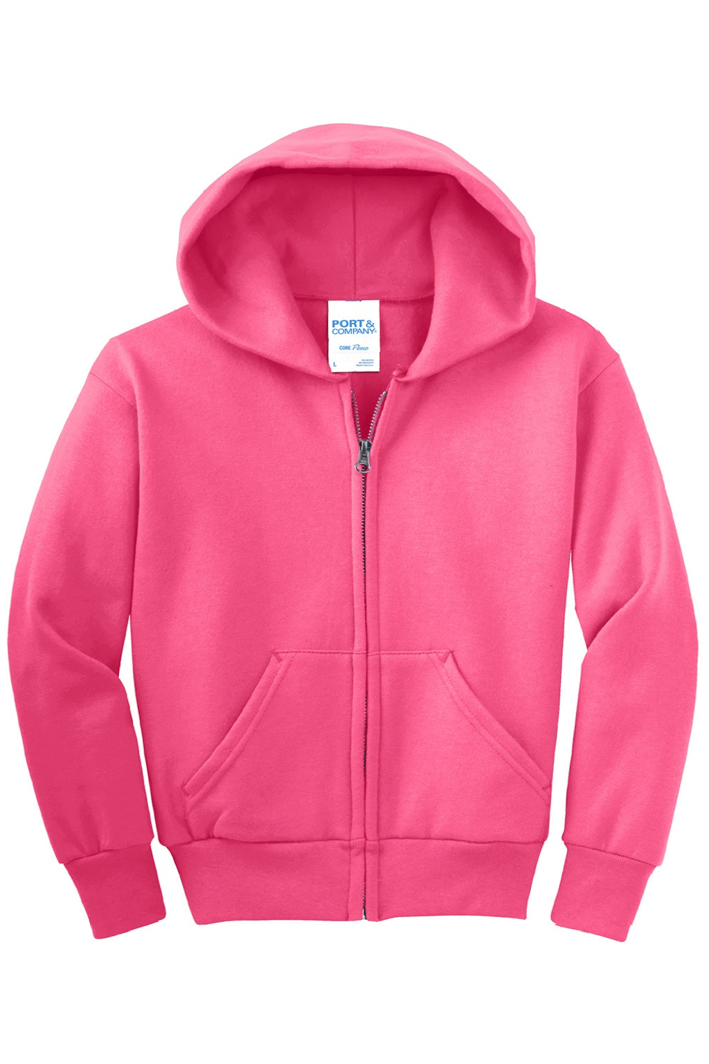 Port & Company PC90YZH Youth Core Pill Resistant Fleece Full Zip Hooded Sweatshirt Hoodie w/ Pockets Neon Pink Flat Front