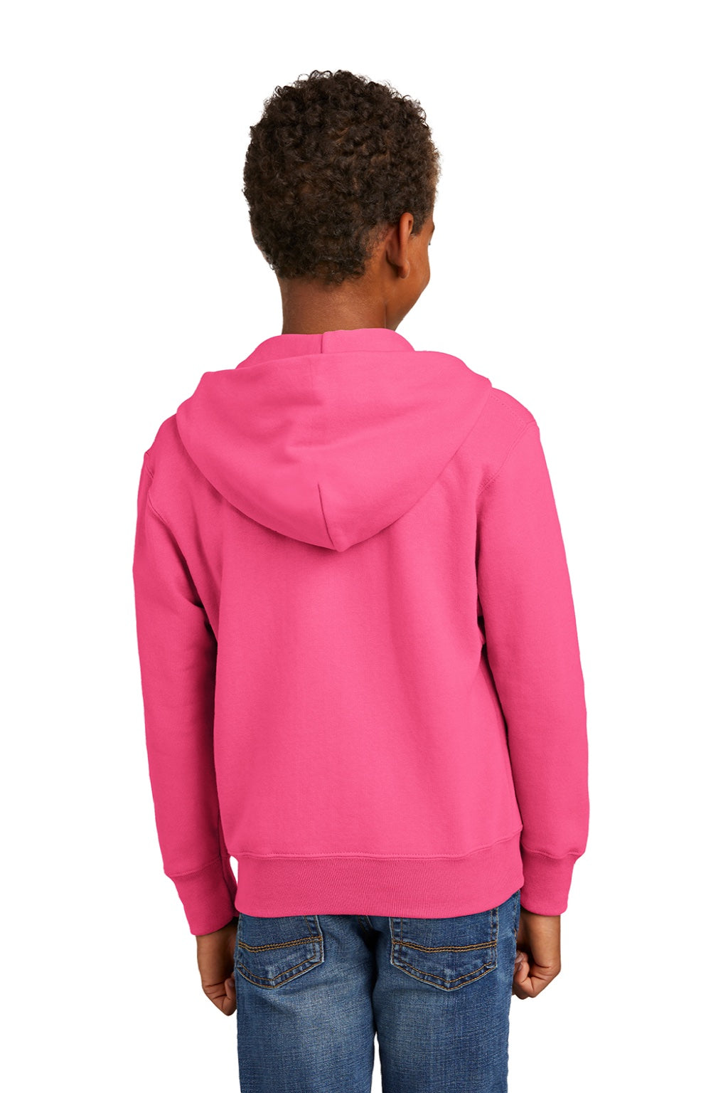 Port & Company PC90YZH Youth Core Pill Resistant Fleece Full Zip Hooded Sweatshirt Hoodie w/ Pockets Neon Pink Model Back