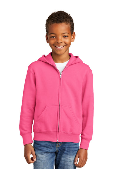 Port & Company PC90YZH Youth Core Pill Resistant Fleece Full Zip Hooded Sweatshirt Hoodie w/ Pockets Neon Pink Model Front