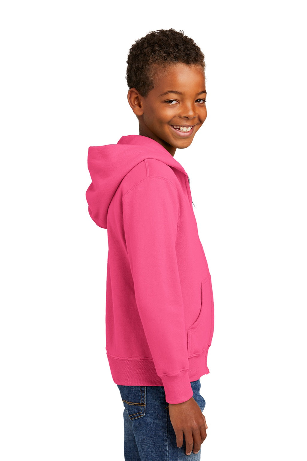 Port & Company PC90YZH Youth Core Pill Resistant Fleece Full Zip Hooded Sweatshirt Hoodie w/ Pockets Neon Pink Model Side