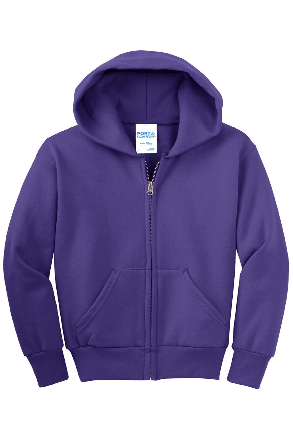 Port & Company PC90YZH Youth Core Pill Resistant Fleece Full Zip Hooded Sweatshirt Hoodie w/ Pockets Purple Flat Front