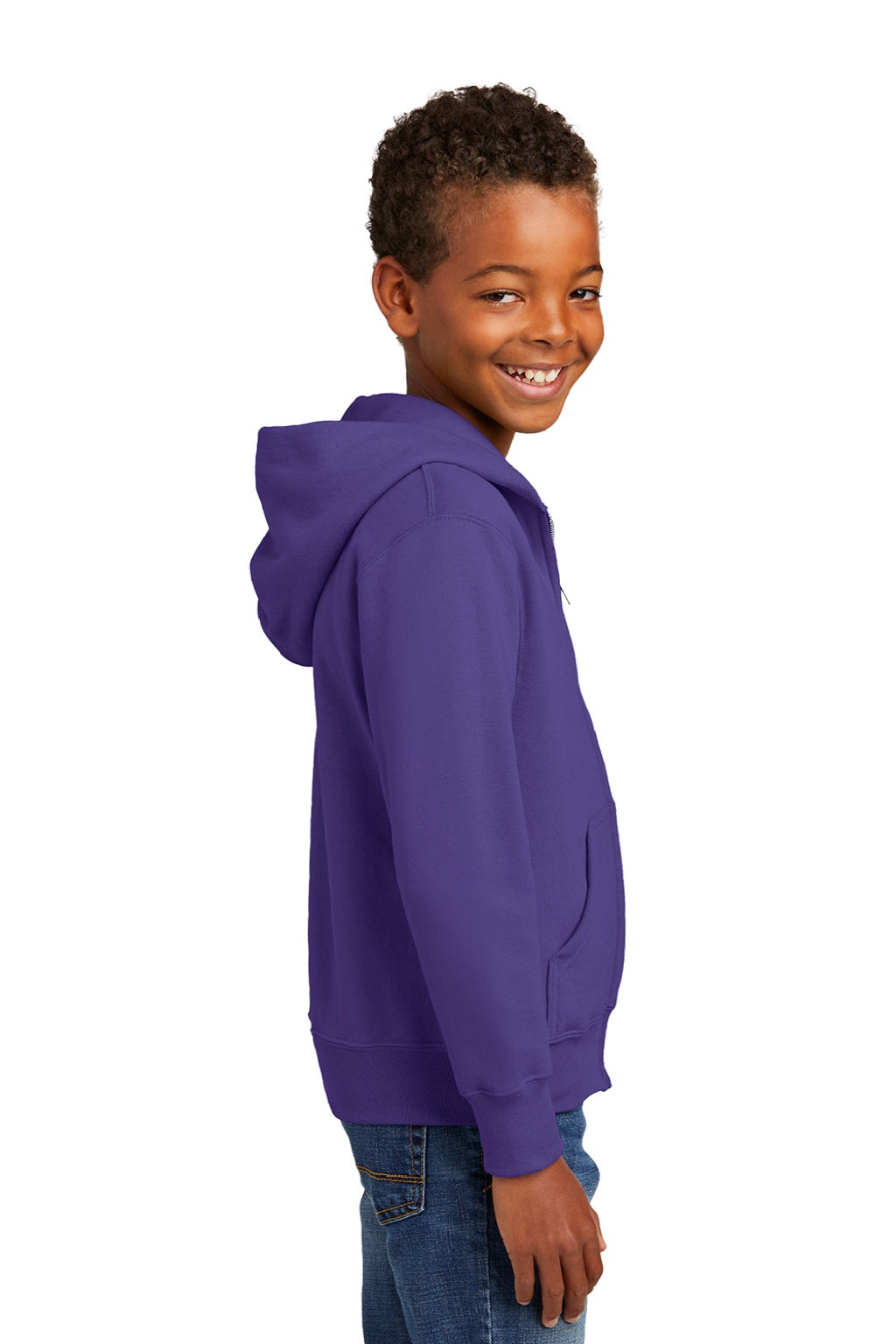 Port & Company PC90YZH Youth Core Pill Resistant Fleece Full Zip Hooded Sweatshirt Hoodie w/ Pockets Purple Model Side