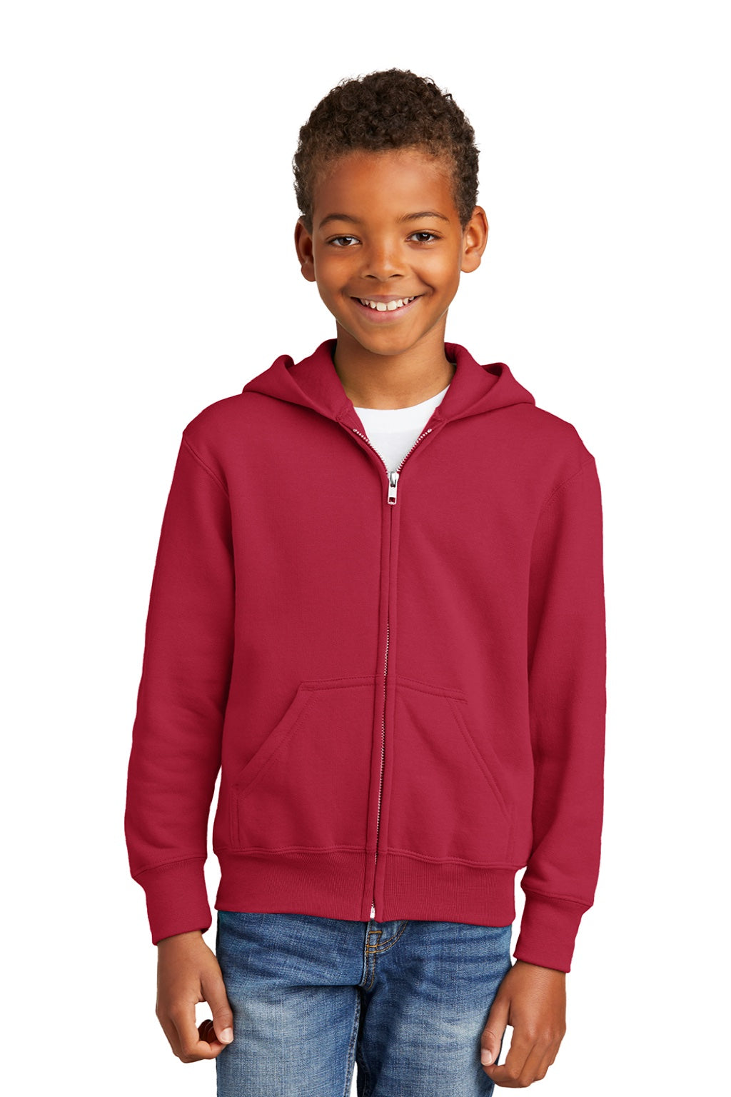 Port & Company PC90YZH Youth Core Pill Resistant Fleece Full Zip Hooded Sweatshirt Hoodie w/ Pockets Red Model Front