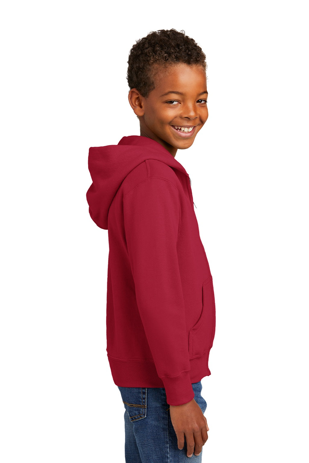 Port & Company PC90YZH Youth Core Pill Resistant Fleece Full Zip Hooded Sweatshirt Hoodie w/ Pockets Red Model Side