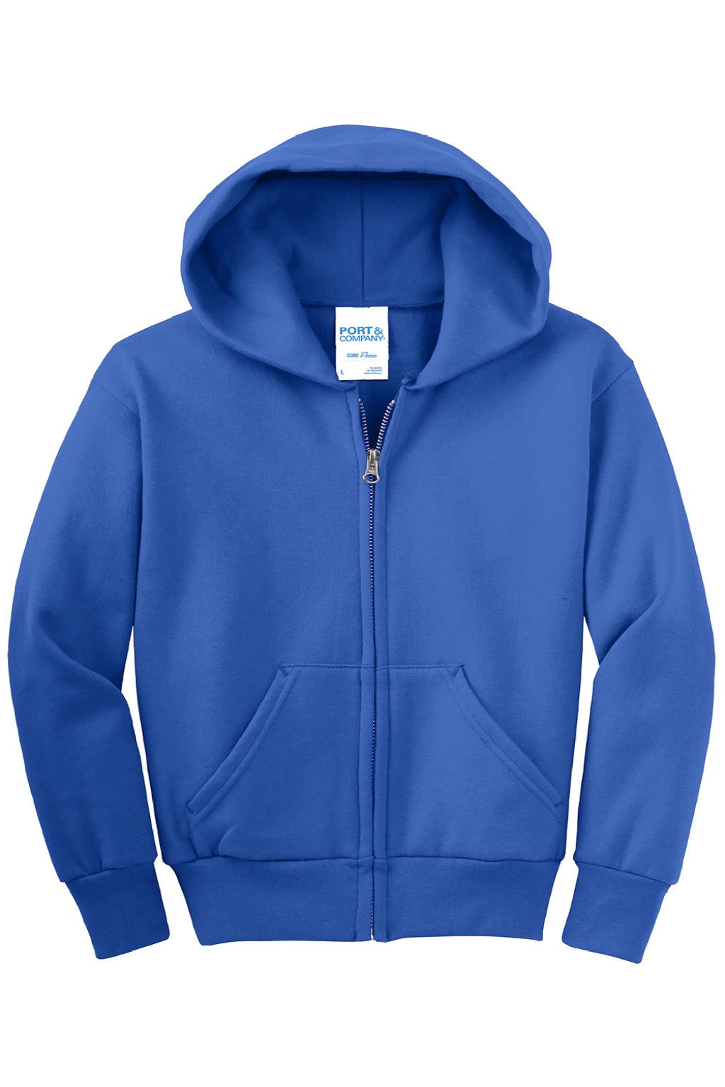 Port & Company PC90YZH Youth Core Pill Resistant Fleece Full Zip Hooded Sweatshirt Hoodie w/ Pockets Royal Blue Flat Front