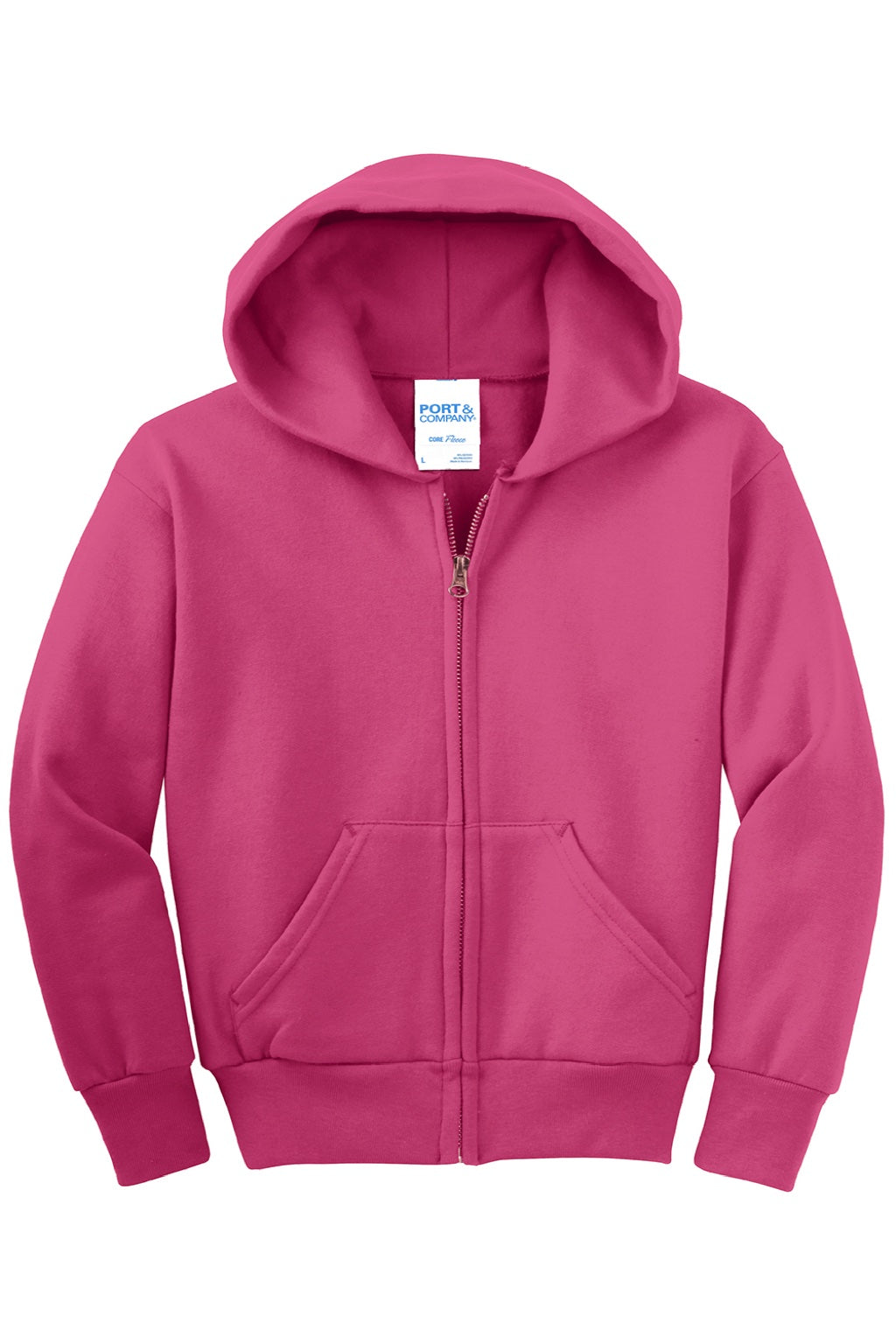 Port & Company PC90YZH Youth Core Pill Resistant Fleece Full Zip Hooded Sweatshirt Hoodie w/ Pockets Sangria Pink Flat Front