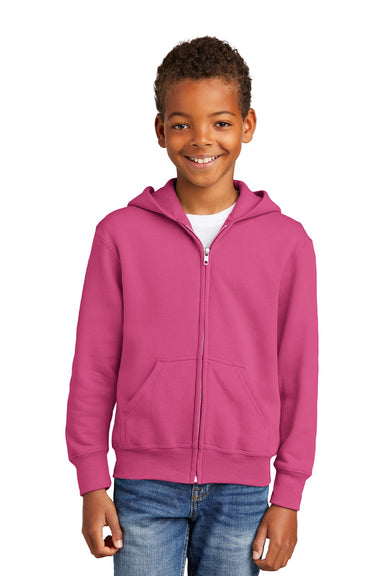 Port & Company PC90YZH Youth Core Pill Resistant Fleece Full Zip Hooded Sweatshirt Hoodie w/ Pockets Sangria Pink Model Front