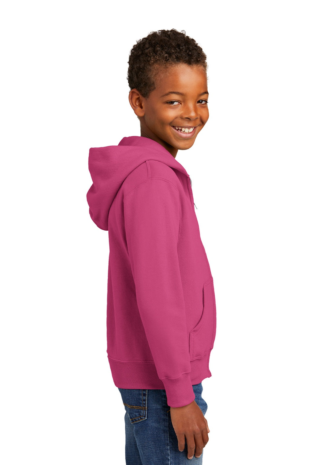 Port & Company PC90YZH Youth Core Pill Resistant Fleece Full Zip Hooded Sweatshirt Hoodie w/ Pockets Sangria Pink Model Side