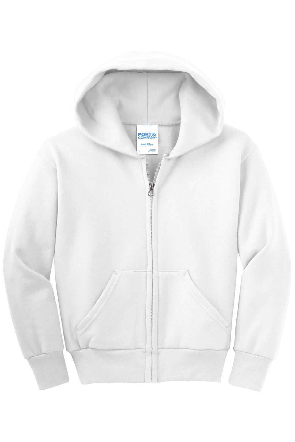 Port & Company PC90YZH Youth Core Pill Resistant Fleece Full Zip Hooded Sweatshirt Hoodie w/ Pockets White Flat Front