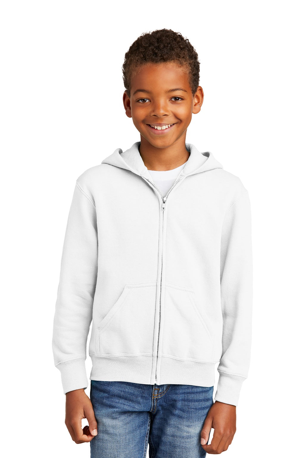 Port & Company PC90YZH Youth Core Pill Resistant Fleece Full Zip Hooded Sweatshirt Hoodie w/ Pockets White Model Front