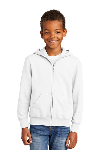 Port & Company PC90YZH Youth Core Pill Resistant Fleece Full Zip Hooded Sweatshirt Hoodie w/ Pockets White Model Front