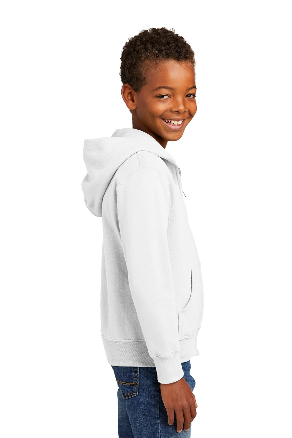 Port & Company PC90YZH Youth Core Pill Resistant Fleece Full Zip Hooded Sweatshirt Hoodie w/ Pockets White Model Side