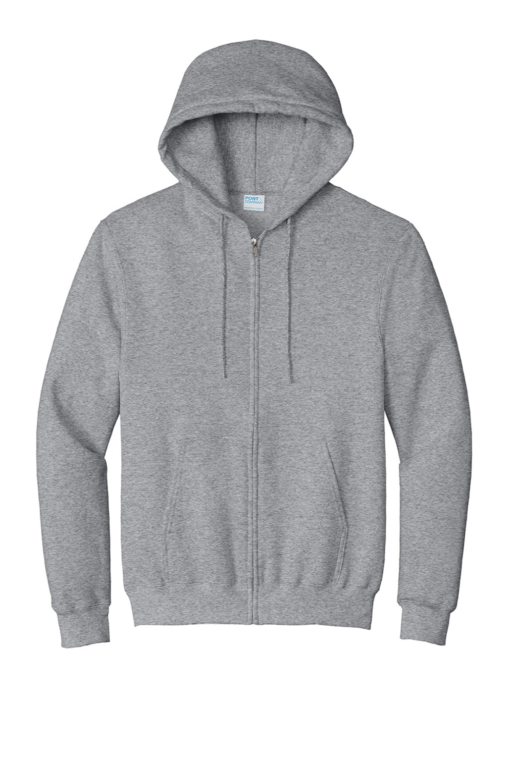 Port & Company PC90ZH/PC90ZHT Mens Essential Pill Resistant Fleece Full Zip Hooded Sweatshirt Hoodie w/ Pockets Heather Grey Flat Front