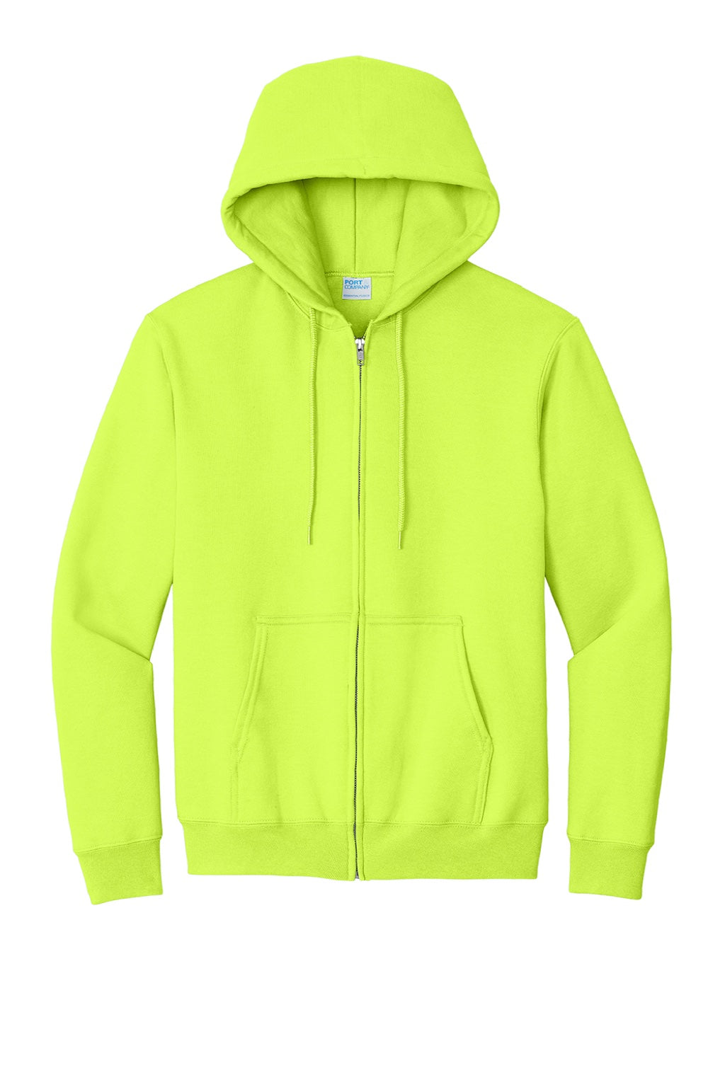Port & Company PC90ZH/PC90ZHT Mens Essential Pill Resistant Fleece Full Zip Hooded Sweatshirt Hoodie w/ Pockets Safety Green Flat Front
