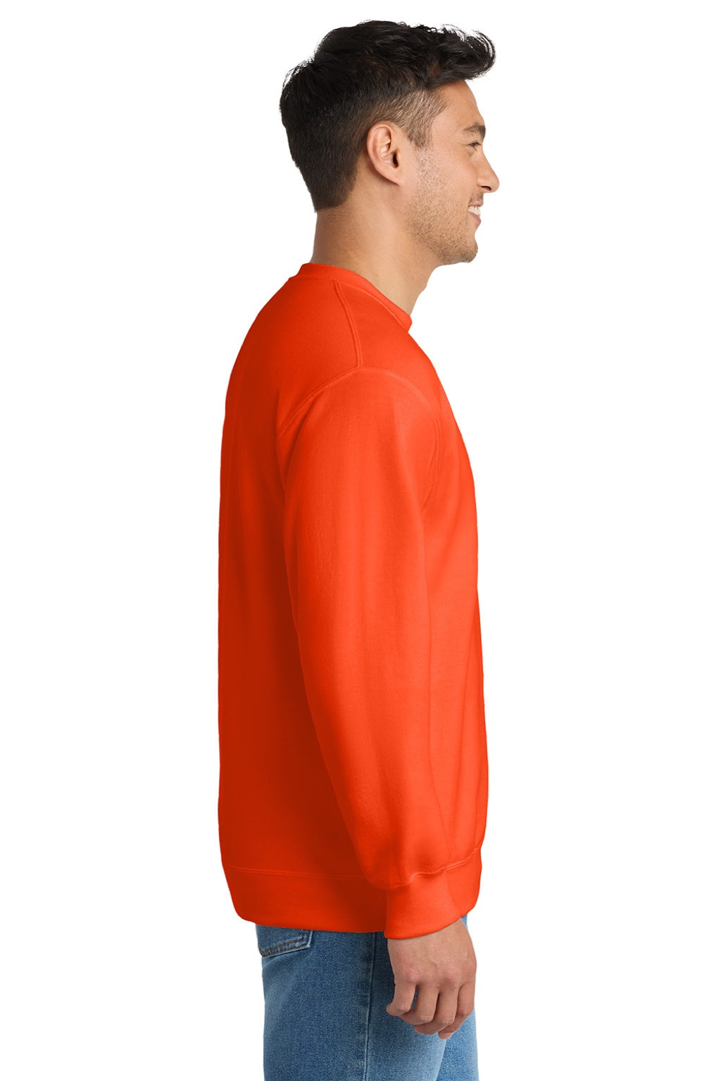 Port & Company PC90/PC90T Mens Essential Pill Resistant Fleece Crewneck Sweatshirt Safety Orange Model Side
