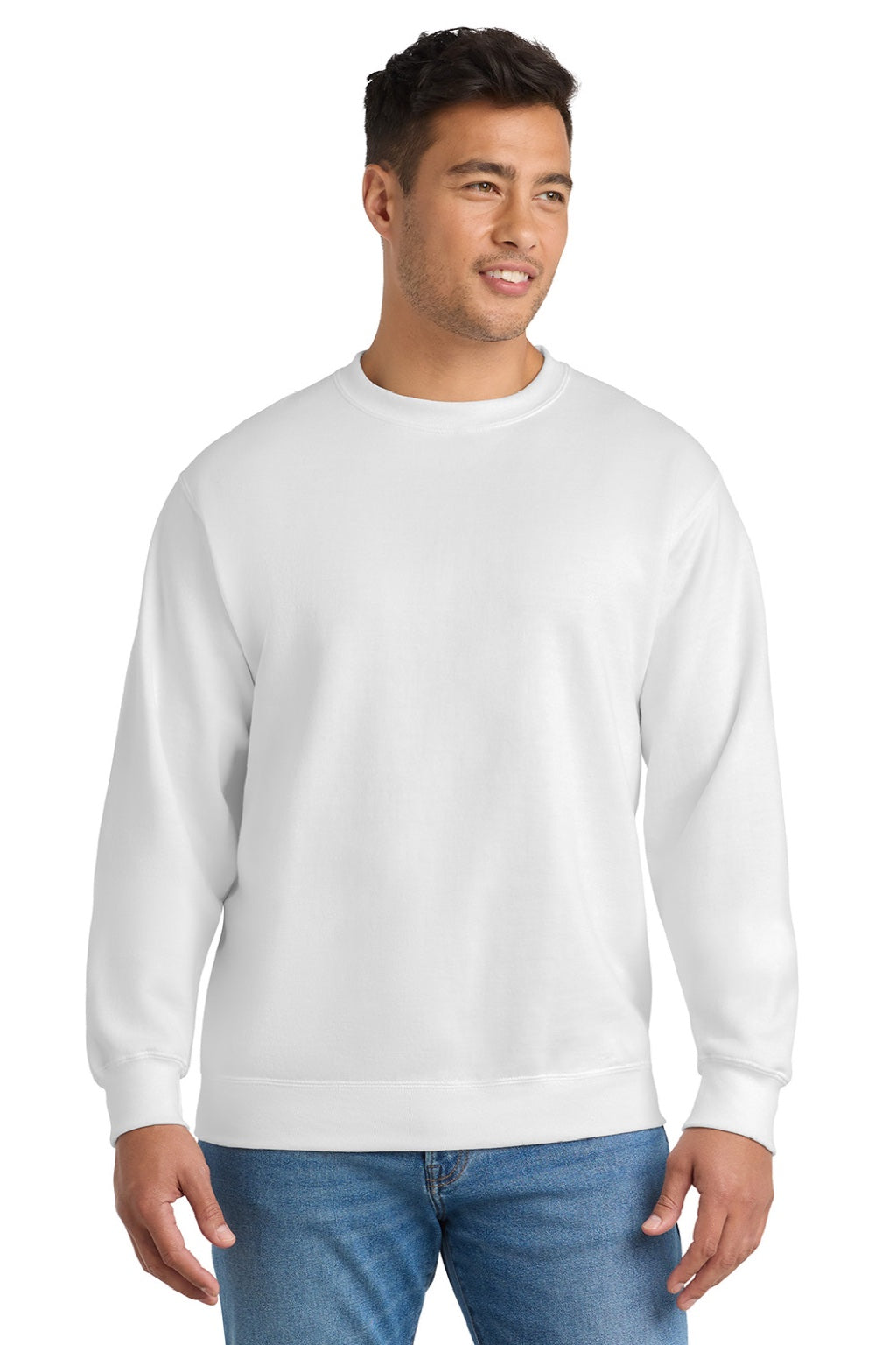 Port & Company PC90/PC90T Mens Essential Pill Resistant Fleece Crewneck Sweatshirt White Model Front