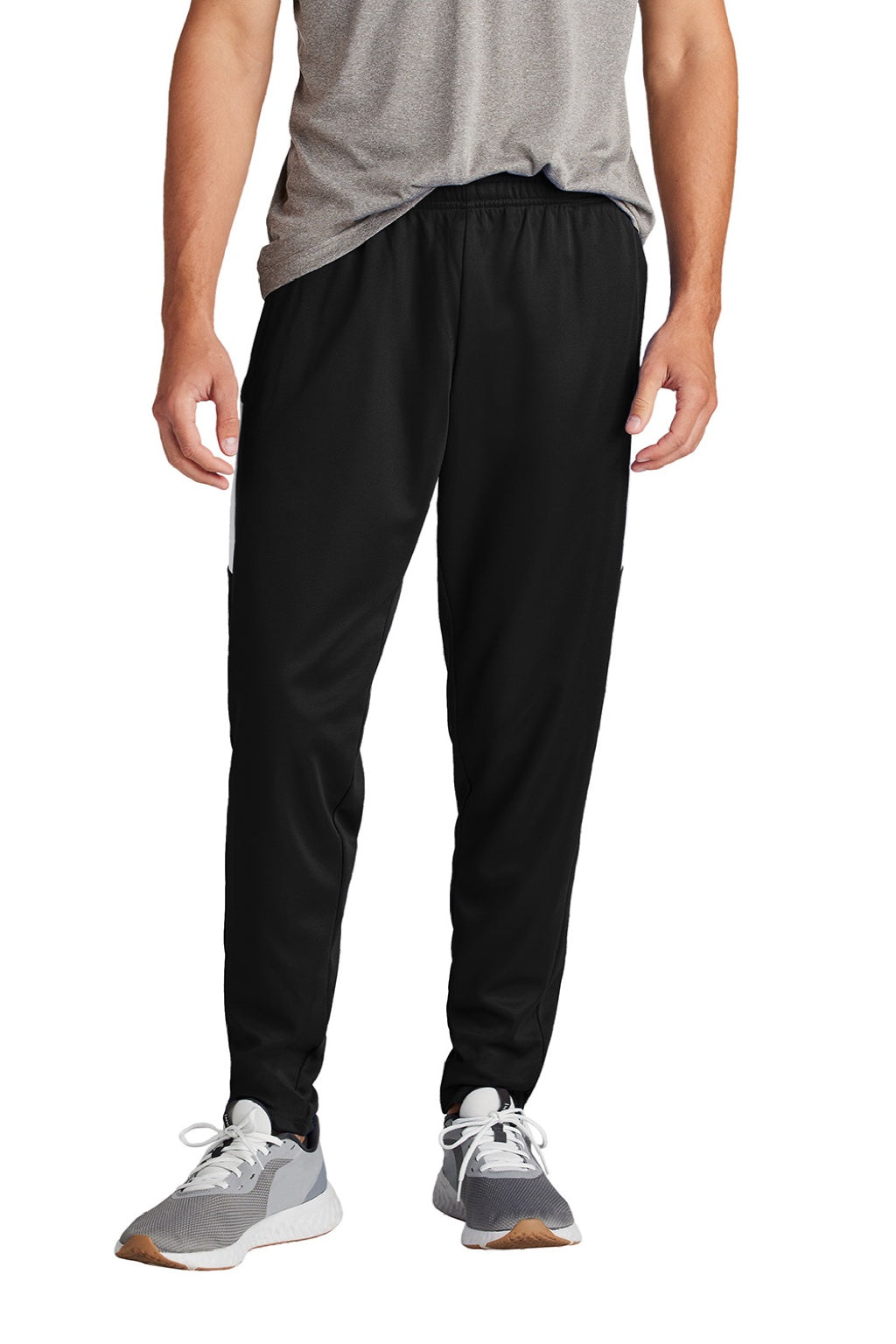 Sport-Tek PST800 Mens Moisture Wicking Travel Pants w/ Pockets Black/White Model Front