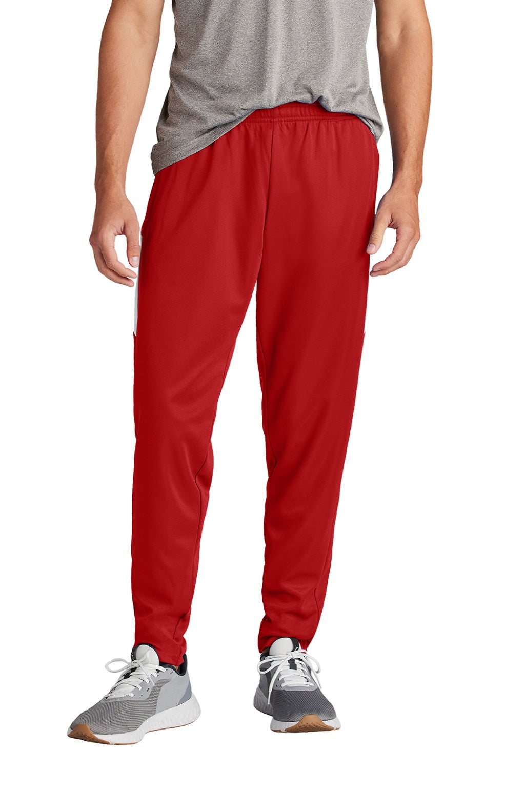 Sport-Tek PST800 Mens Moisture Wicking Travel Pants w/ Pockets Deep Red/White Model Front