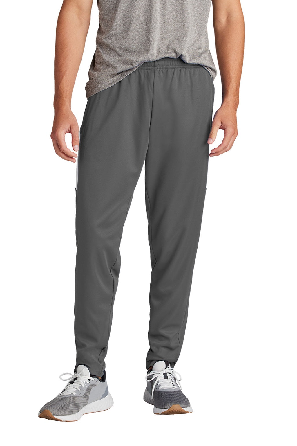 Sport-Tek PST800 Mens Moisture Wicking Travel Pants w/ Pockets Iron Grey/White Model Front