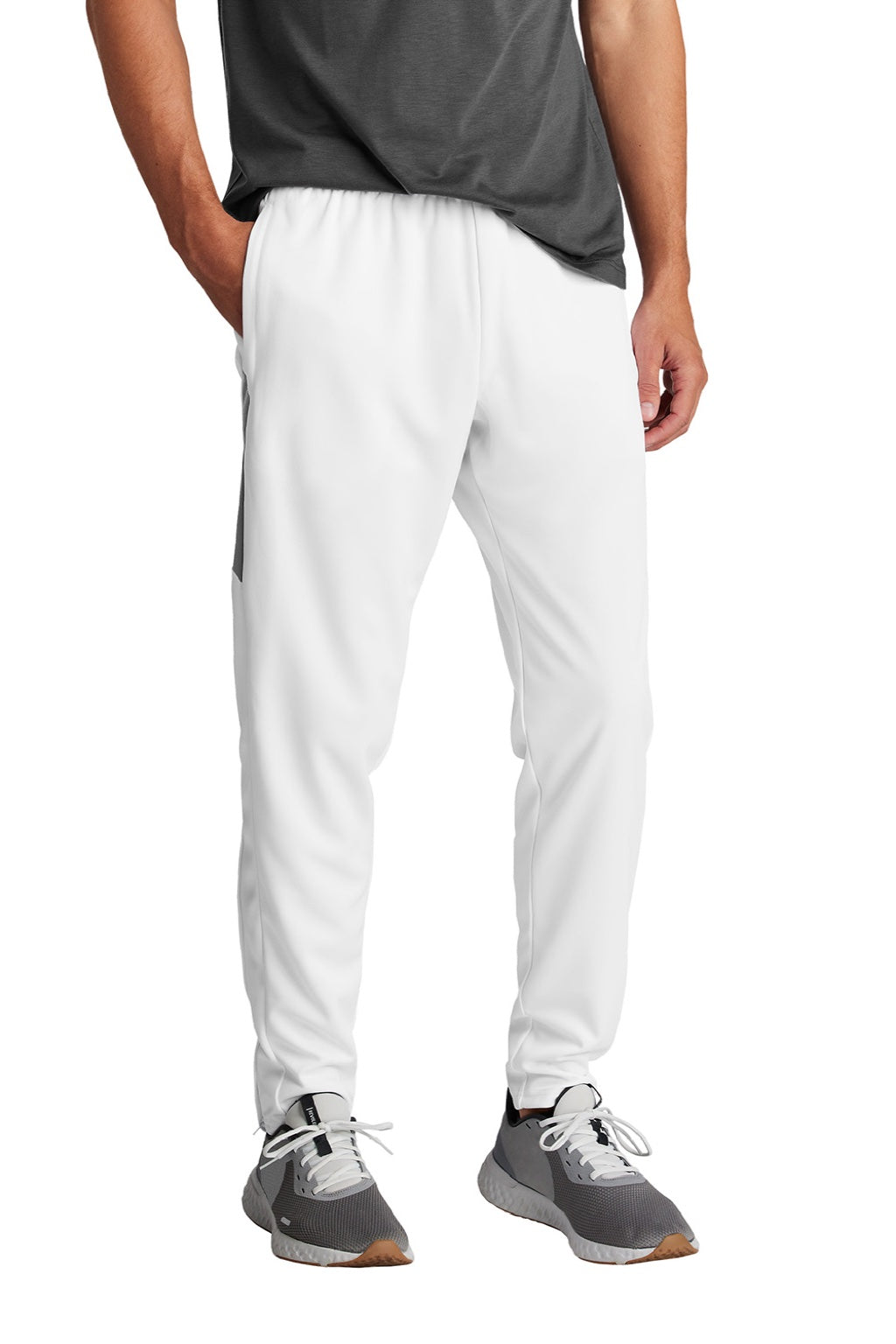Sport-Tek PST800 Mens Moisture Wicking Travel Pants w/ Pockets White/Iron Grey Model Front