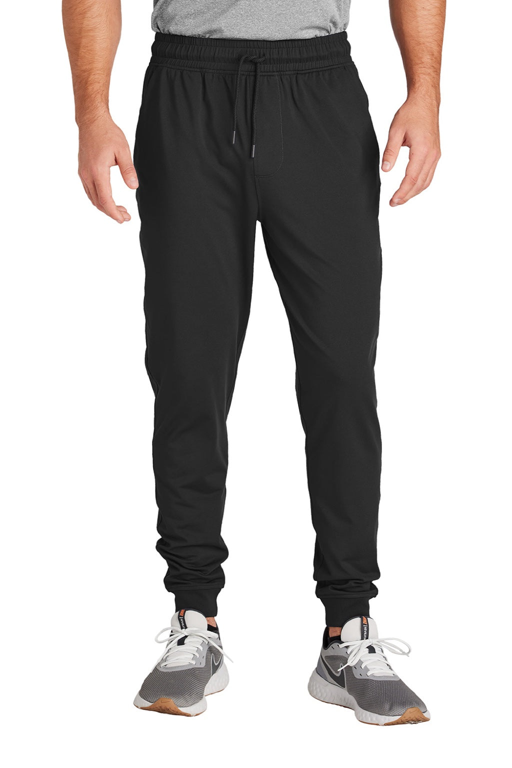 Sport-Tek PST858 Mens Sport-Wick Moisture Wicking Jogger Sweatpants w/ Pockets Black Model Front