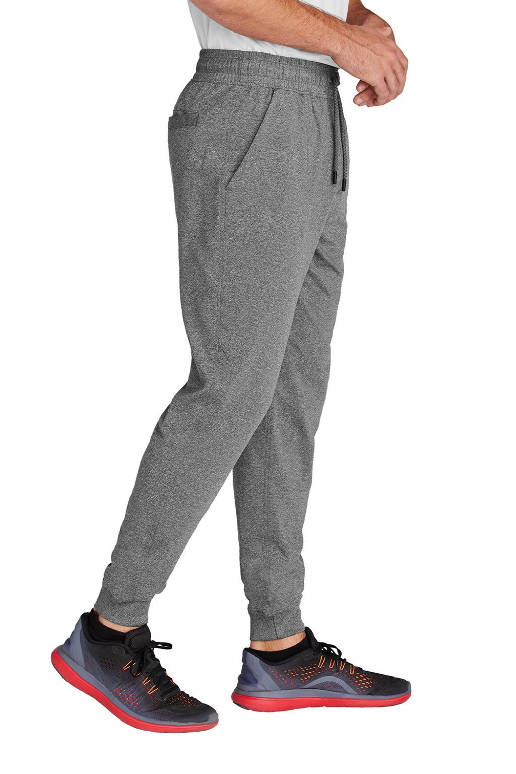 Sport-Tek PST858 Mens Sport-Wick Moisture Wicking Jogger Sweatpants w/ Pockets Heather Charcoal Grey Model Side